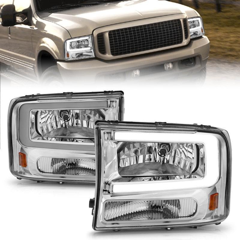ANZO 99-04 Ford F250/F350/F450/Excursion (excl. 99) Crystal Headlights – w/ Light Bar Chrome Housing
