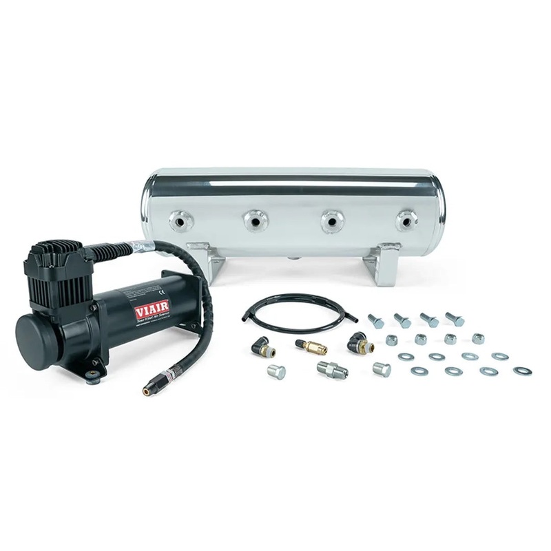 Air Lift Performance 2.5 Gallon Polished Tank w/ VIAIR 444C Black Compressor, 1/4″ & 3/8″ Fittings & Tank Mounting Hardware – Universal | 27805