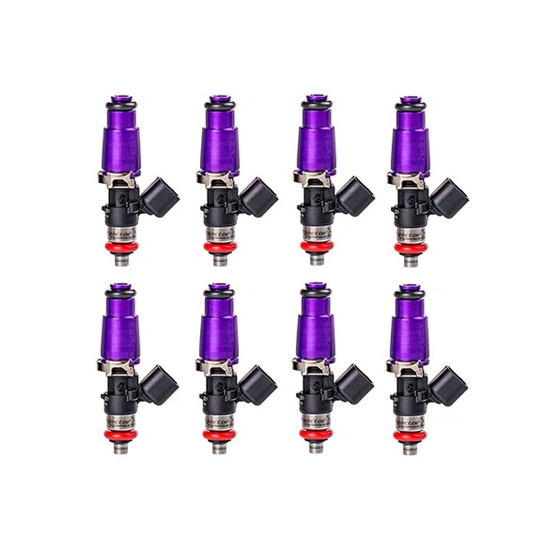Injector Dynamics ID1300x, for 2011+ Ford Mustang GT 5.0L Coyote applications. 14 mm (grey) adapter top AND (blue) BOTTOM adapter.  Direct plug-in. Set of 8.